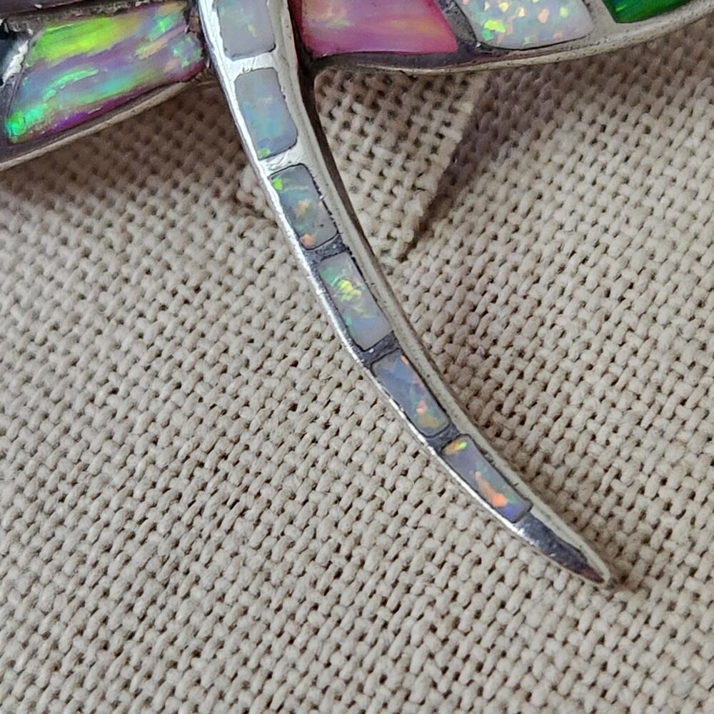 Vintage Sterling Silver Colorful DRAGONFLY Pendant Brooch with 18" Chain - Picture 5 of 10